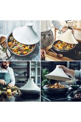 Emile Henry Induksiyon Uyumlu Tajin 32 cm 4 Lt Slate Beyaz Kapaklı/Slate