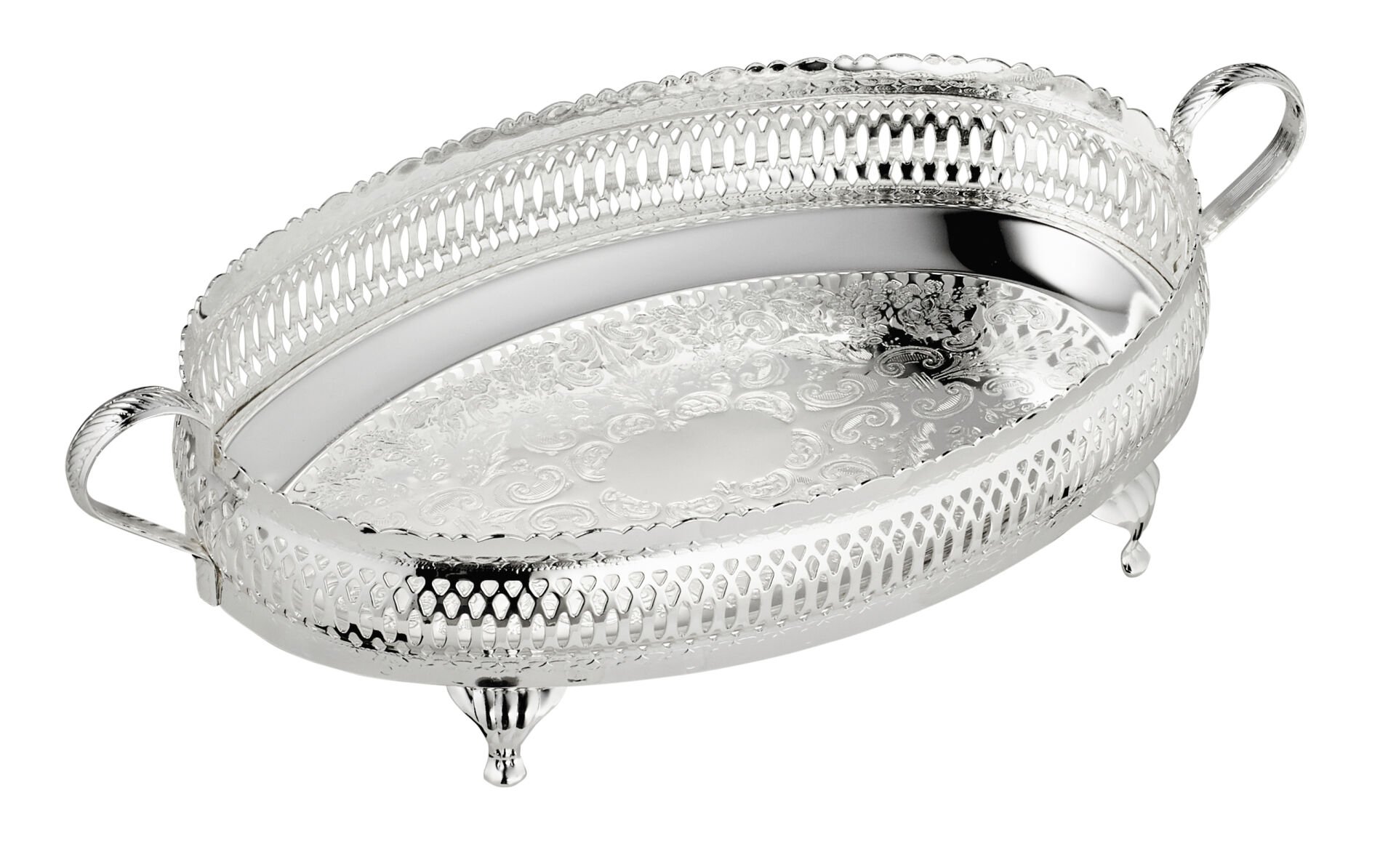 Queen Anne İngiliz Gümüşü Kulplu Oval Ayaklı Tepsi 28 x 14 cm
