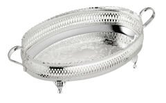 Queen Anne İngiliz Gümüşü Kulplu Oval Ayaklı Tepsi 28 x 14 cm