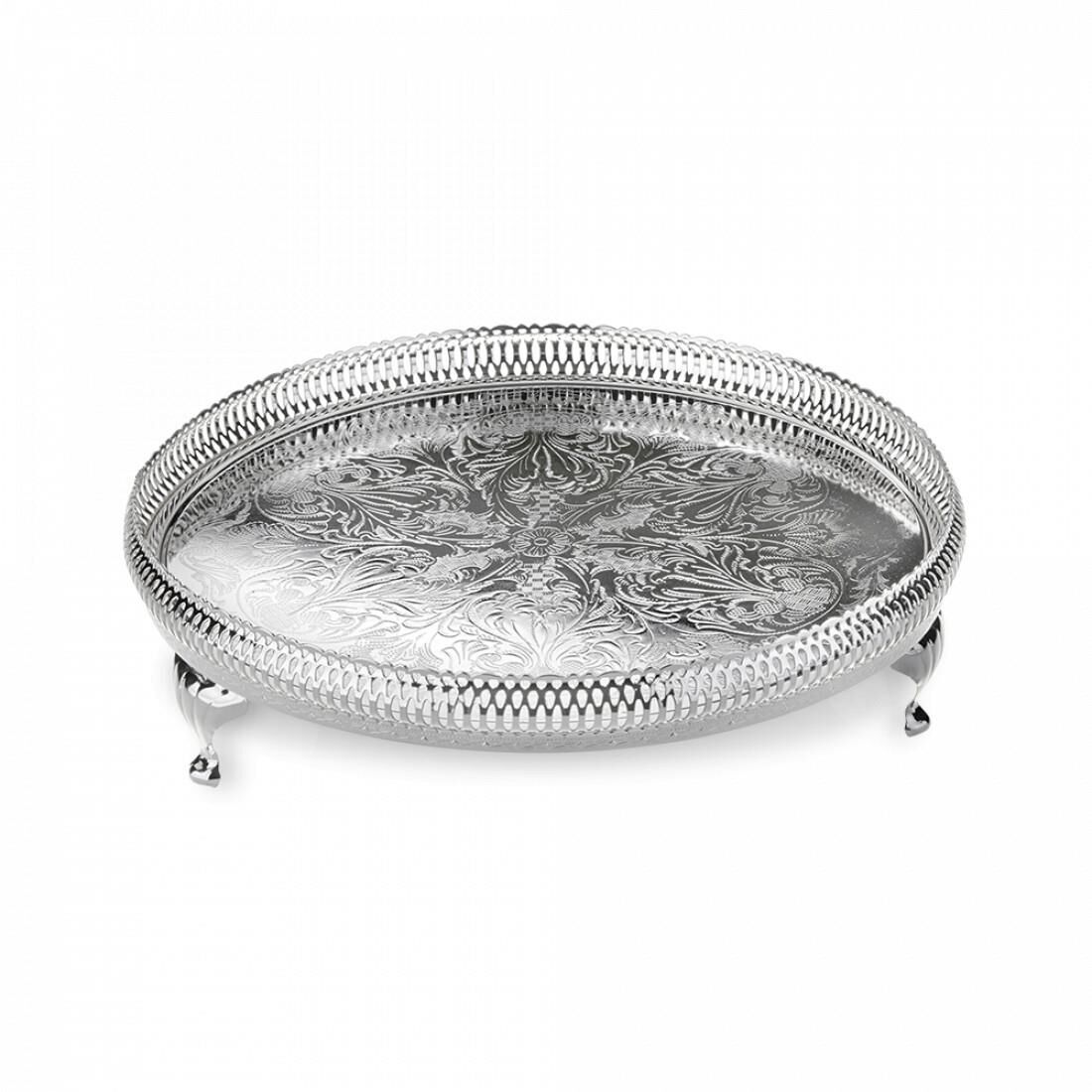 Queen Anne İngiliz Gümüşü Ayaklı Yuvarlak Sunum Tepsisi 28 cm
