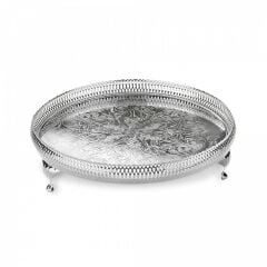 Queen Anne İngiliz Gümüşü Ayaklı Yuvarlak Sunum Tepsisi 28 cm