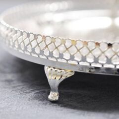 Queen Anne İngiliz Gümüşü Ayaklı Yuvarlak Sunum Tepsisi 28 cm