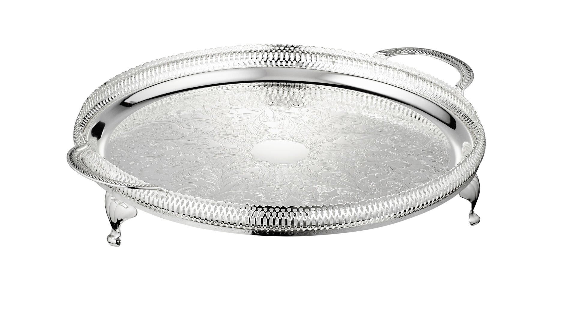 Queen Anne İngiliz Gümüşü Kulplu Ayaklı Yuvarlak Tepsi 35.5 cm