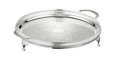 Queen Anne İngiliz Gümüşü Kulplu Ayaklı Yuvarlak Tepsi 35.5 cm