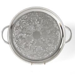 Queen Anne İngiliz Gümüşü Kulplu Ayaklı Yuvarlak Tepsi 35.5 cm