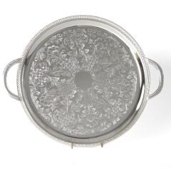 Queen Anne İngiliz Gümüşü Kulplu Yuvarlak Tepsi 35.5 cm