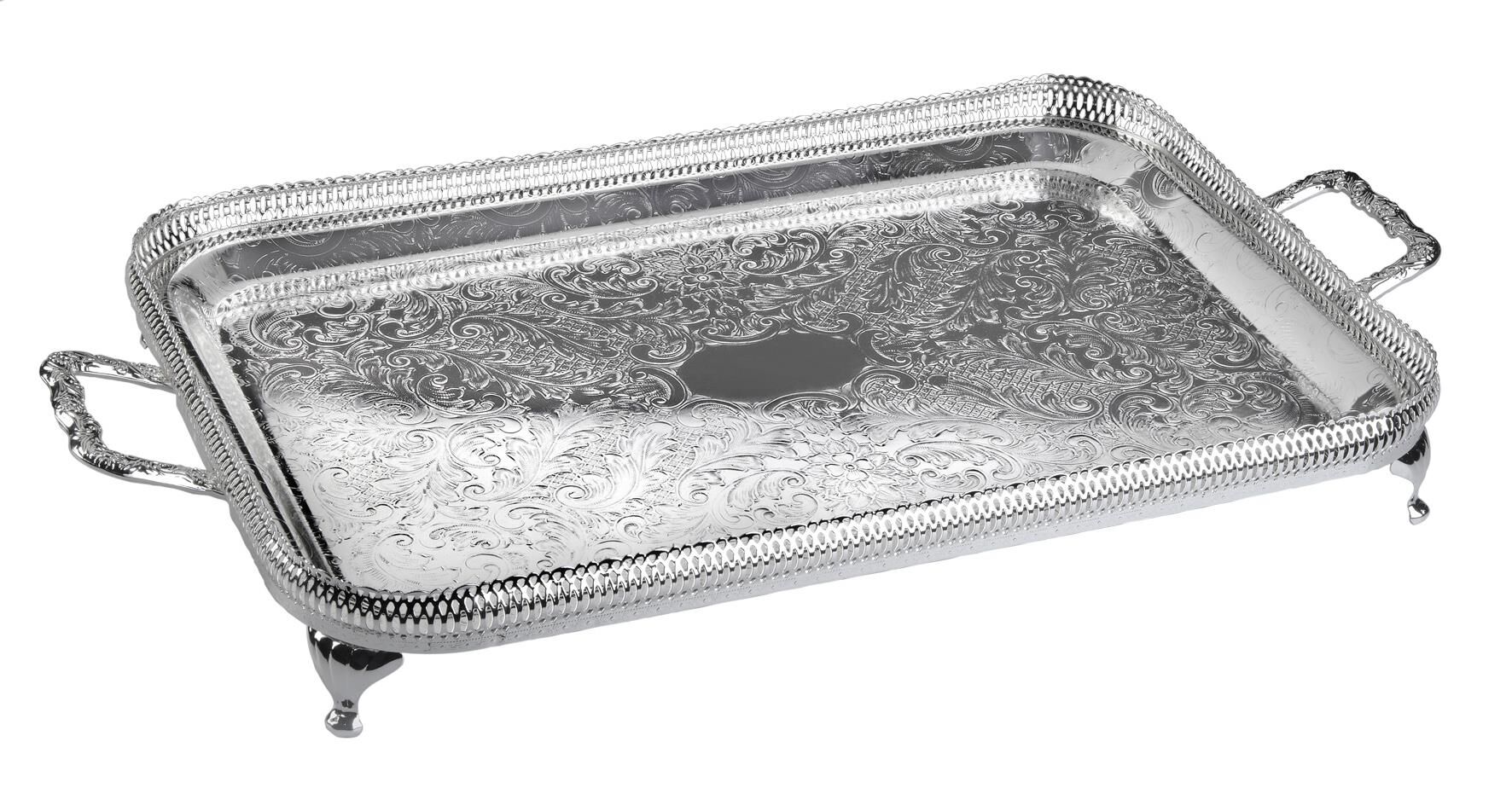 Queen Anne İngiliz Gümüşü Kulplu Dikdötrtgen Ayaklı Tepsi 62.5 x 34.5 cm