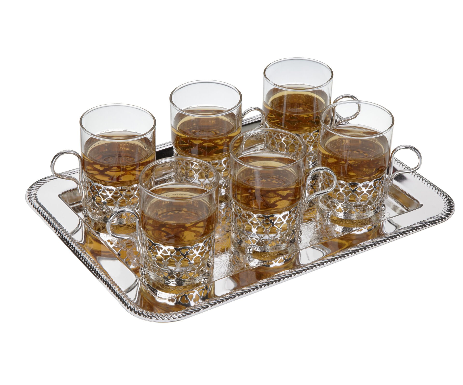 Queen Anne İngiliz Gümüşü Tepsili Çay Bardak Set 6 lı 34 x 25  cm