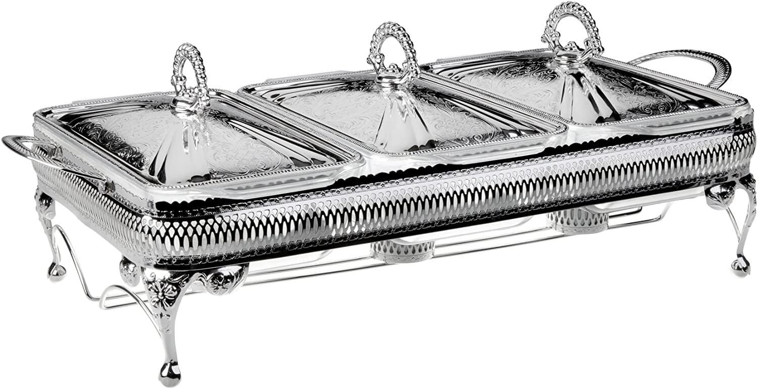 Queen Anne İngiliz Gümüşü Üç Bölmeli Isıtıcılı Yemek Servis 51 x 26 x 18 cm