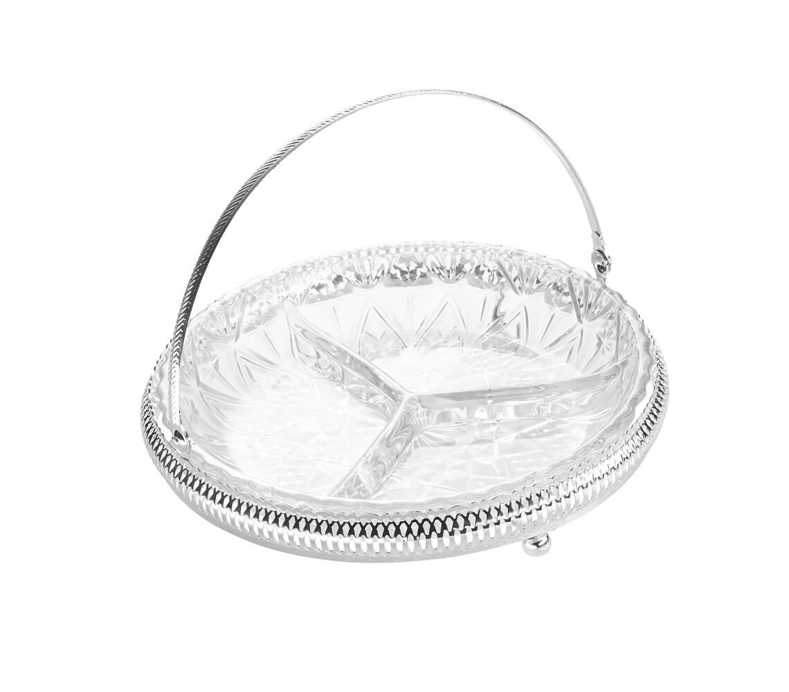 Queen Anne İngiliz Gümüşü Cam Üç Bölmeli Saplı Sunum Seti 23 cm