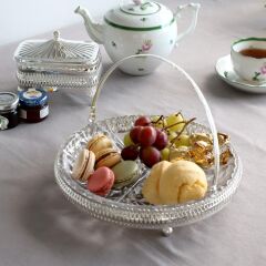 Queen Anne İngiliz Gümüşü Cam Üç Bölmeli Saplı Sunum Seti 23 cm