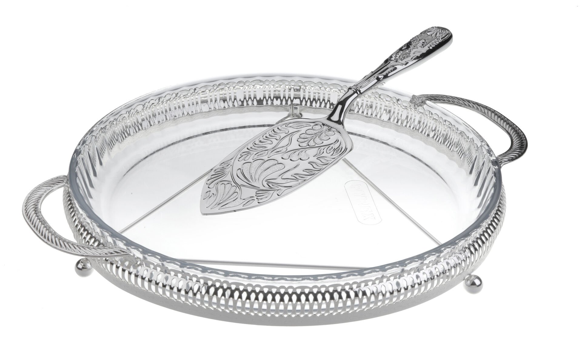 Queen Anne İngiliz Gümüşü Camlı Spatulalı Sunum Tepsisi 35 x 28.5 cm
