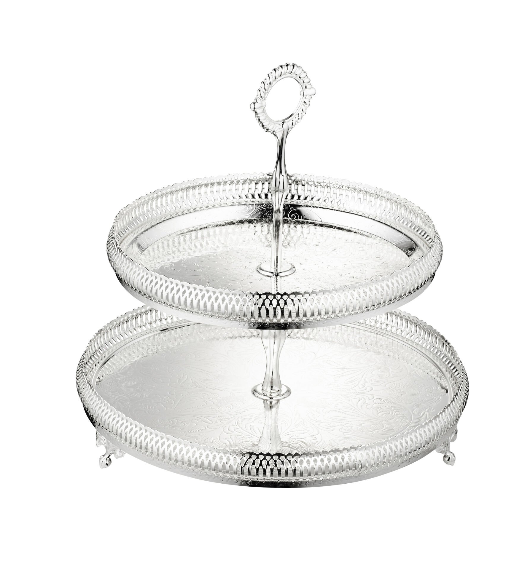 Queen Anne İngiliz Gümüşü İki Katlı Kek Sunum Standı (Tabak çapı 28cm ve 23cm)