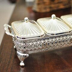 Queen Anne İngiliz Gümüşü Üç Bölmeli Kapaklı Sunumluk 30 x 13.5 cm