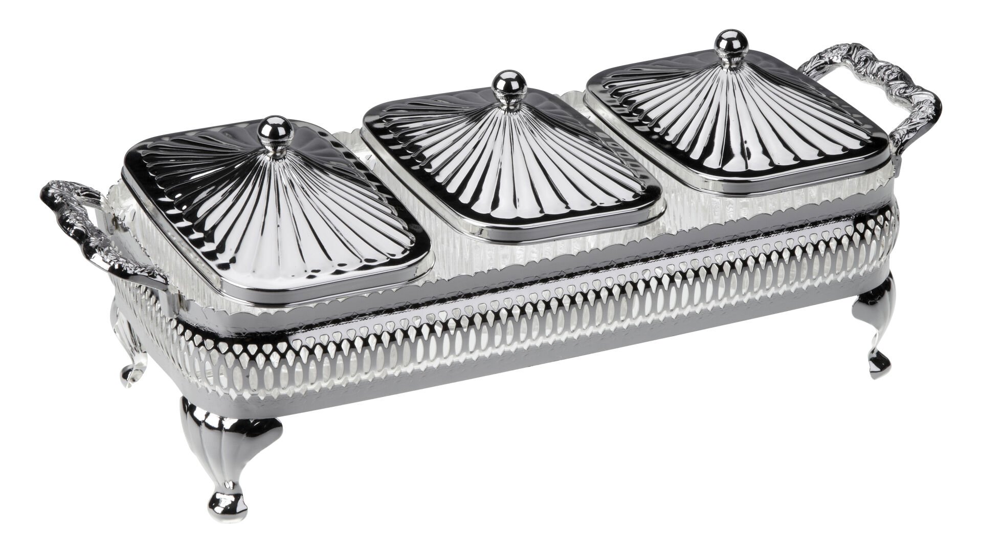 Queen Anne İngiliz Gümüşü Üç Bölmeli Kapaklı Sunumluk 30 x 13.5 cm