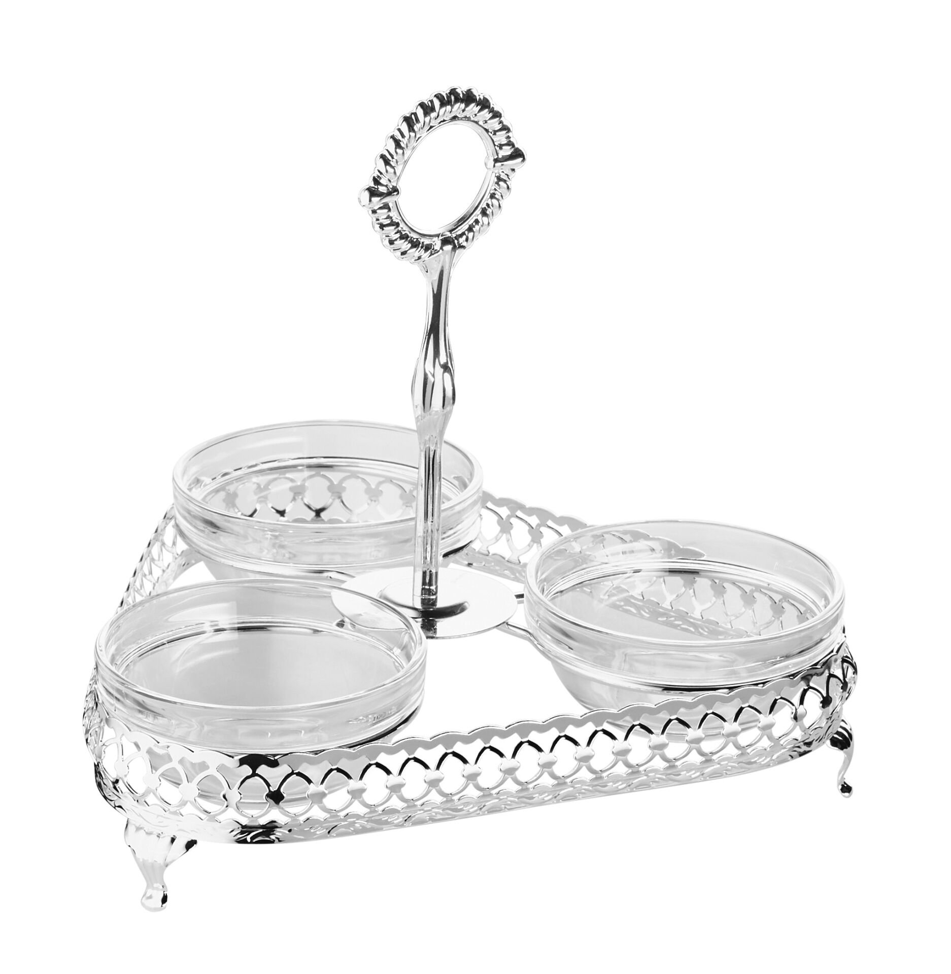 Queen Anne İngiliz Gümüşü Üç Bölmeli Çerezlik Sunumluk 22 x 21 cm