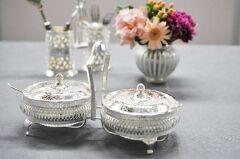 Queen Anne İngiliz Gümüşü Kapaklı Kaşıklı Reçellik 2 li 25.7 x 12 cm