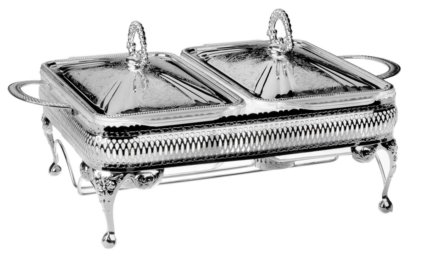 Queen Anne İngiliz Gümüşü İki Bölmeli Isıtıcılı Yemek Servislik 41 x 28 x 19 cm