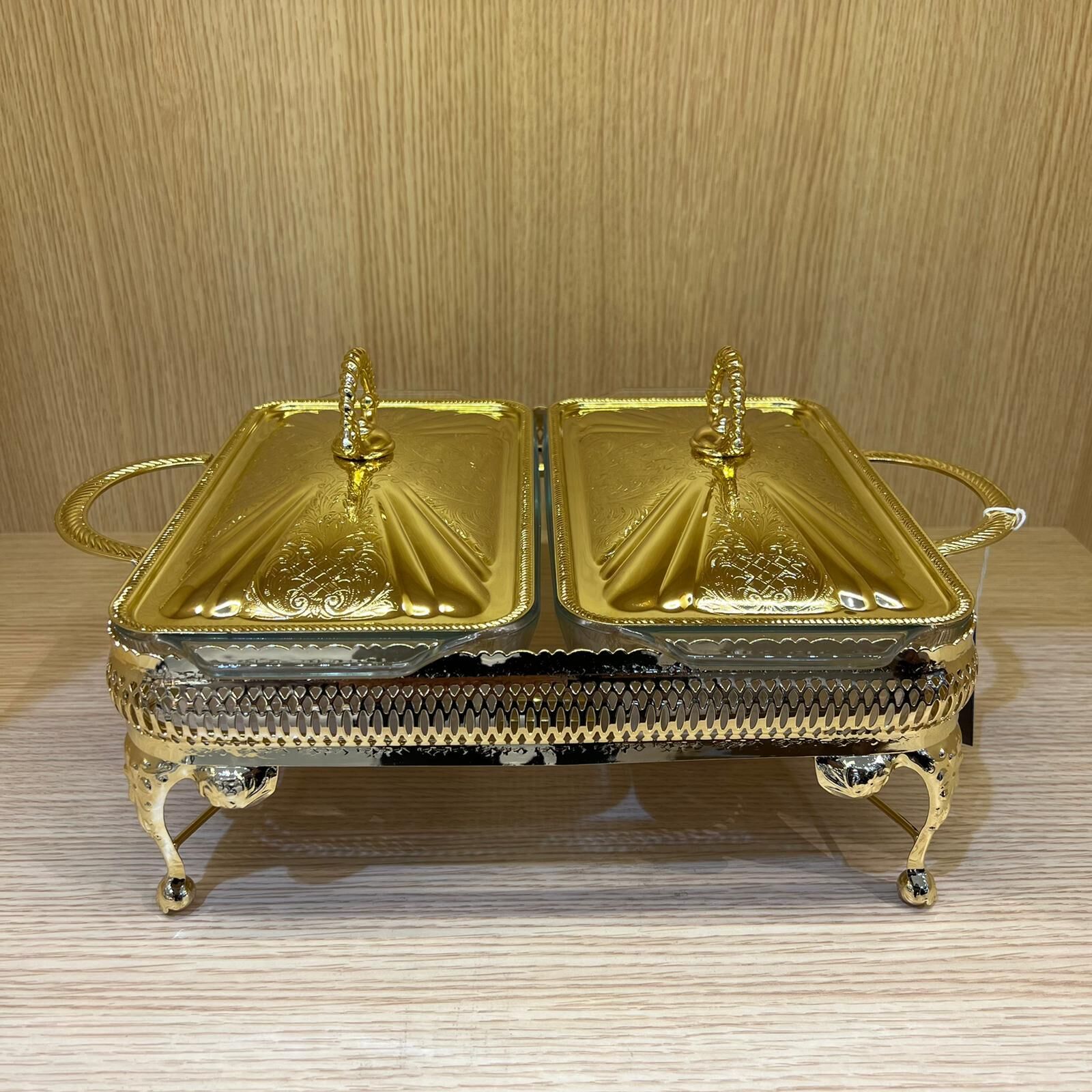 Queen Anne Altın Kaplama İki Bölmeli Isıtmalı Yemek Servislik 41 x 28 x 19 cm