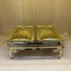 Queen Anne Altın Kaplama İki Bölmeli Isıtmalı Yemek Servislik 41 x 28 x 19 cm