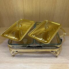 Queen Anne Altın Kaplama İki Bölmeli Isıtmalı Yemek Servislik 41 x 28 x 19 cm