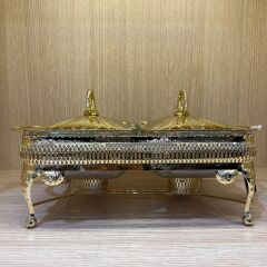 Queen Anne Altın Kaplama İki Bölmeli Isıtmalı Yemek Servislik 41 x 28 x 19 cm