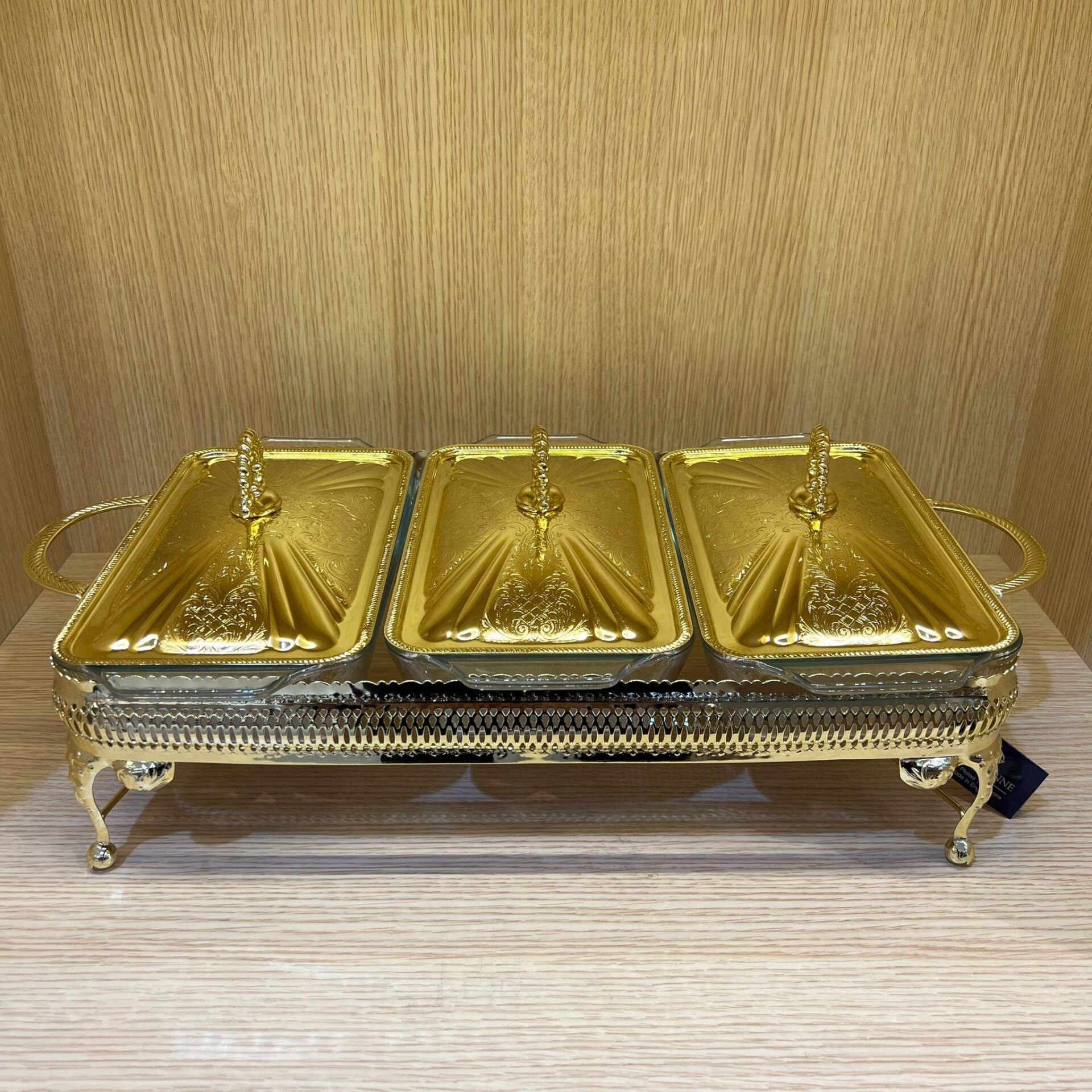 Queen Anne Altın Kaplama Üç Bölmeli Isıtıcılı Yemek Servis 51 x 26 x 18 cm