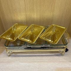 Queen Anne Altın Kaplama Üç Bölmeli Isıtıcılı Yemek Servis 51 x 26 x 18 cm