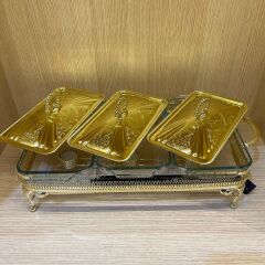 Queen Anne Altın Kaplama Üç Bölmeli Isıtıcılı Yemek Servis 51 x 26 x 18 cm