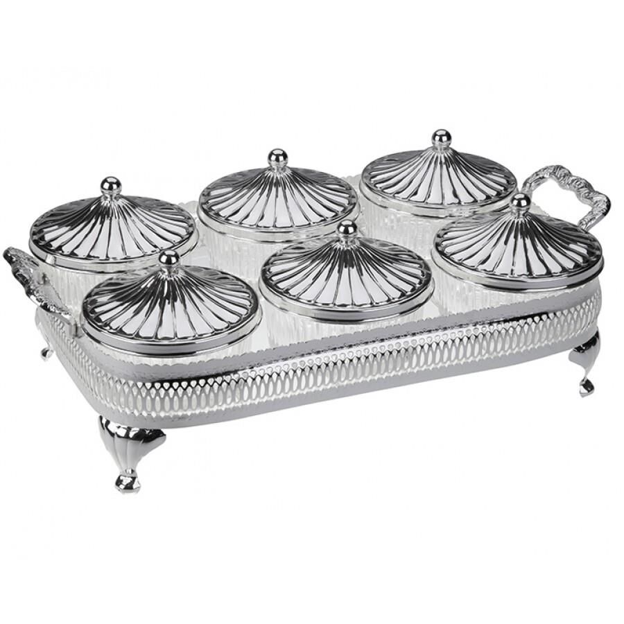 Queen Anne Gümüş Cam 6 lı Sunum Tepsili Kapaklı Kase Set 38*21