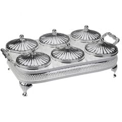 Queen Anne Gümüş Cam 6 lı Sunum Tepsili Kapaklı Kase Set 38*21