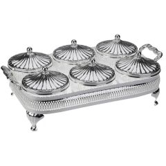 Queen Anne Gümüş Cam 6 lı Sunum Tepsili Kapaklı Kase Set 38*21