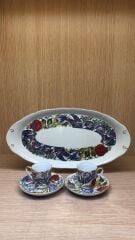 Güral Porselen Altın Yaldızlı El Dekoru 2 Kişilik Tepsili Türk Kahve Fincan Takımı